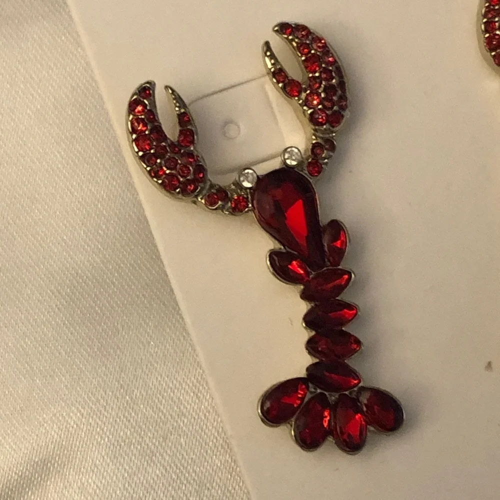 J. Crew Factory Silver Tone & Red Crystal Encrusted Lobster Drop Earrings NWT